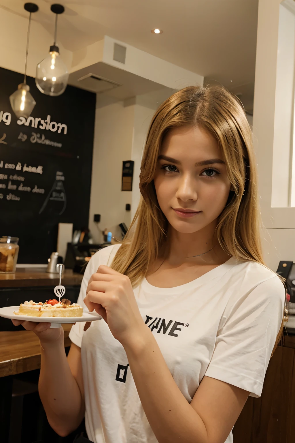 blonde tan girl eat cake in a café