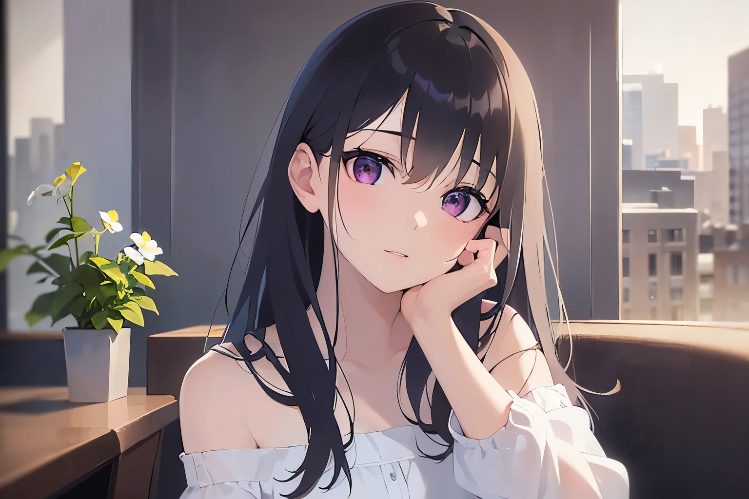 highest quality、masterpiece、BREAK( white off-shoulder long blouse：1.5）BREAK, Realistic, real person, (pale skin: 1.2), RAW photo, photorealistic, shiny skin, shiny hair、(A 26-year-old woman with straight hair and bangs) and (medium hair) and (black hair) and (purple eyes) ,（Unexpected face）and（head tilt）、（hand on own chin：1.2）The background is a coffee shop、sitting on a chair,Alone、Side view