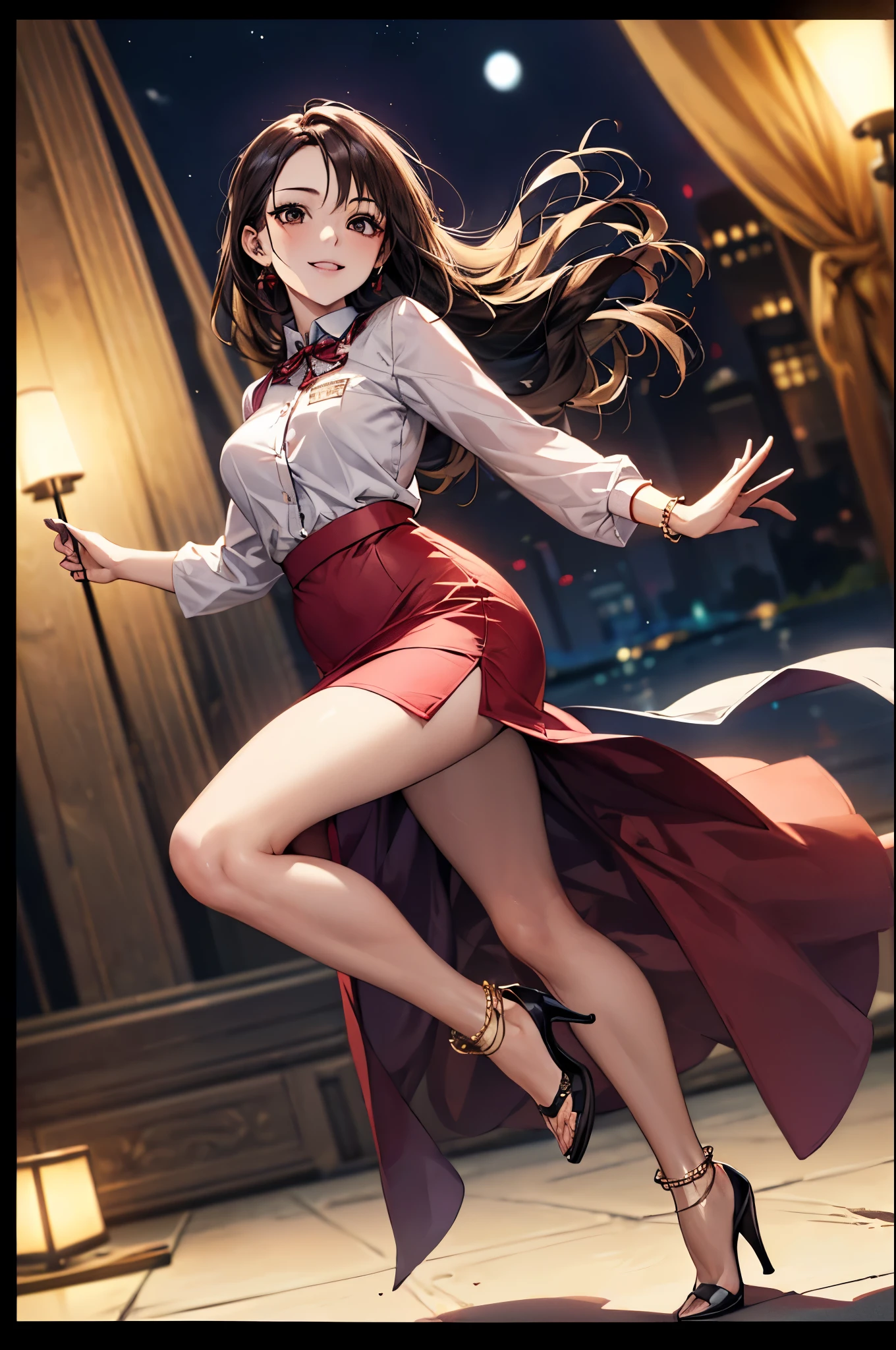 ((Biologically correct limb count))、(( whole body including face))、4K、Masterpiece、((Focus on the face))、((Symmetrical, well-proportioned facial features))、Eyes with delicate depictions、(((1 person)))、Beautiful woman、Outstanding style、Slender Body、、((Red Army Uniform、shirt、Checked Skirt,(High heels with anklets)))、(((coastal)))、(Smiling and smiling)、(A close-up photo of the upper body from behind)、High angle、Photos with a white border around them、night、Walking posture、