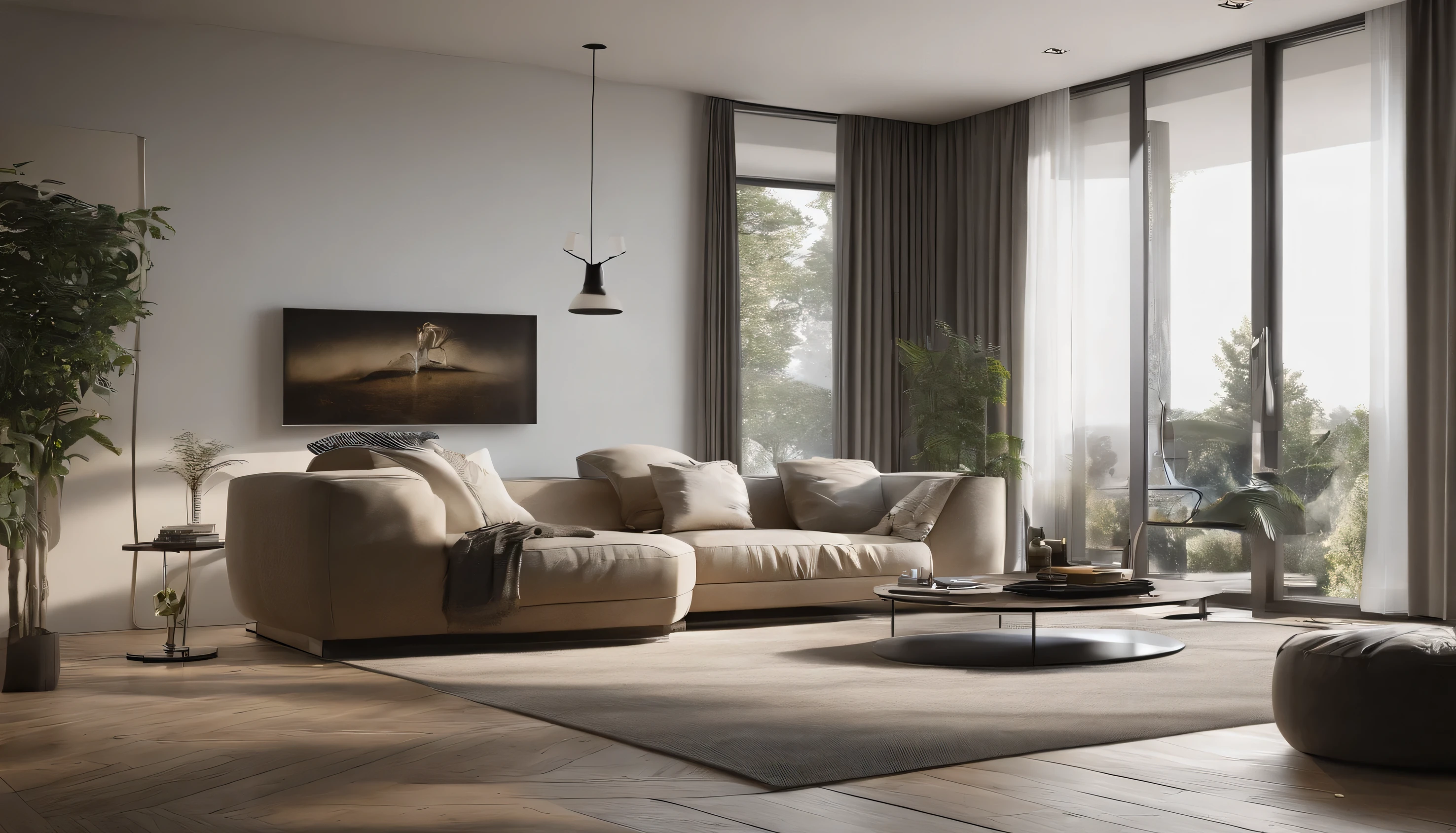 "Create a detailed description of a modern living room with the following features: * A high-quality interior with precise and beautiful details * A wide, open space with a natural ambiance * White walls and blue-gray curtains * A single, elegant potted plant * A simple stand light * A minimalist sofa * A painting or artwork * A city-style apartment with a tower block view * Morning sunlight entering the room Please describe the room in a detailed and precise manner, using vivid language to bring it to life."