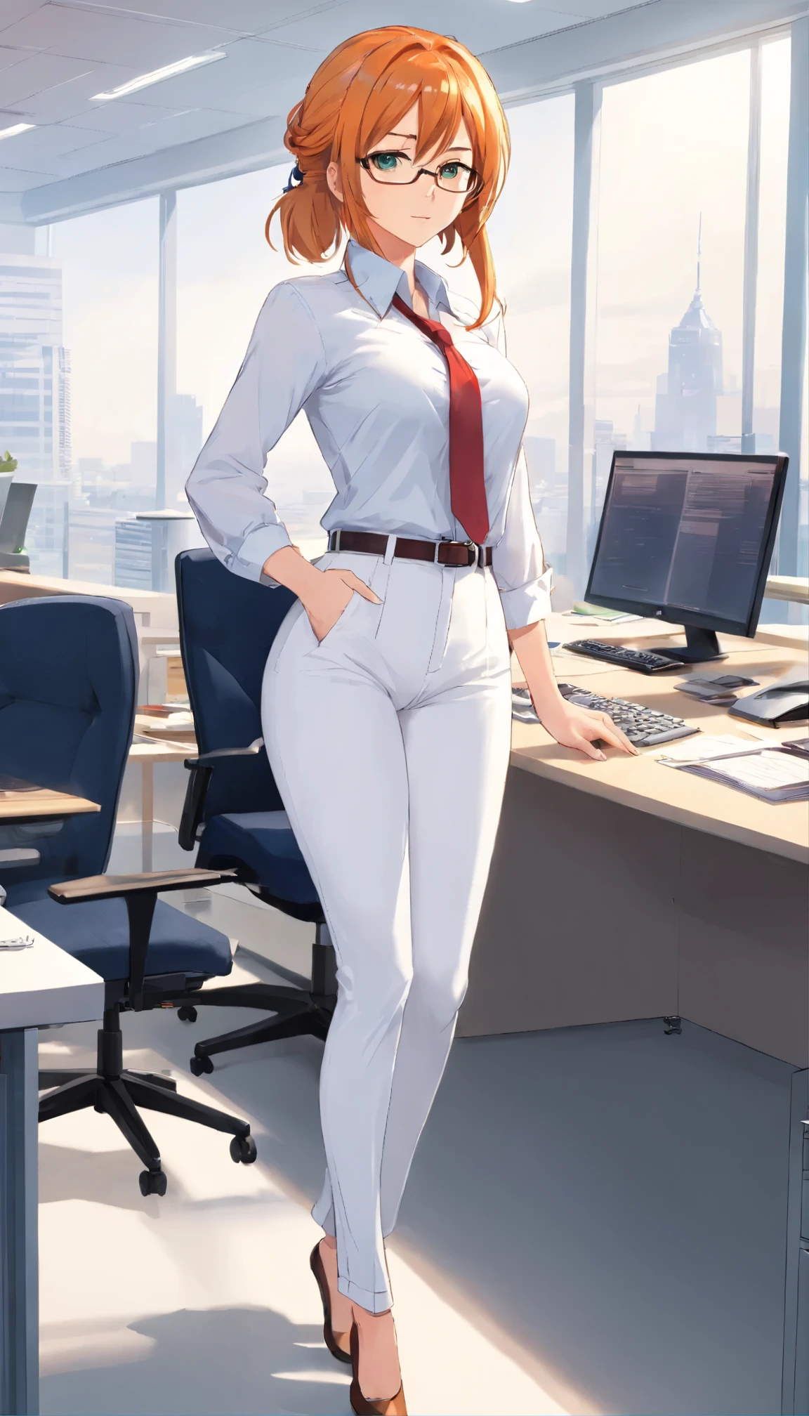 (masterpiece, Best quality), 8K, ultra detailed, realistic photo, Detailed face, perfect lighting, green eyes, bright orange hair, bright hair, fox ears, nice legs, side photo, beautiful, Cute, skin pores, 1 girl, stand in the office, hiking, Office pants, perfect shirt, fully dressed, beautiful women 30 years old, Beautiful proportions, Russian woman, Caucasian, European, Business lady, stunningly beautiful woman, mother, thick legs, show ass, big breasts, (Thin white shirt:1.4), thick, hot, (White Office Wear:1.4), tight pants, (wide hips:1.2), thick, (white Office pants:1.3), spread your legs, Legs open, full length, wide hips, Glasses