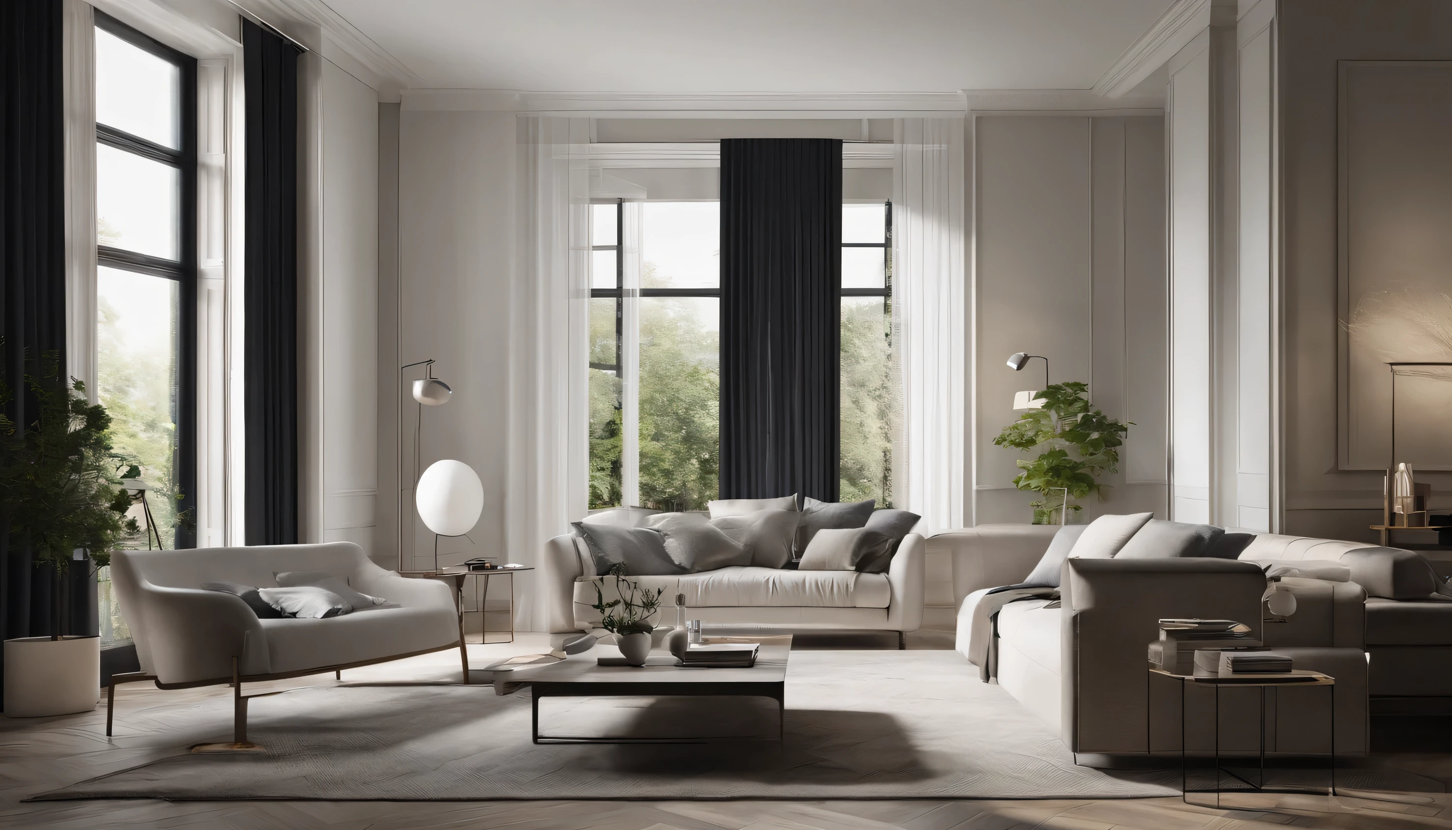 "Create a detailed description of a modern living room with the following features: * A high-quality interior with precise and beautiful details * A wide, open space with a natural ambiance * White walls and blue-gray curtains * A single, elegant potted plant * A simple stand light * A minimalist sofa * A painting or artwork * A city-style apartment with a tower block view * Morning sunlight entering the room Please describe the room in a detailed and precise manner, using vivid language to bring it to life."
