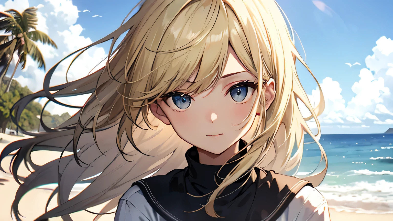 ((highest quality)), ((masterpiece)), (detailed), Perfect Face、drive、Road by the sea、Convertible、blonde、Straight Hair、Fluttering in the wind、Shorts、