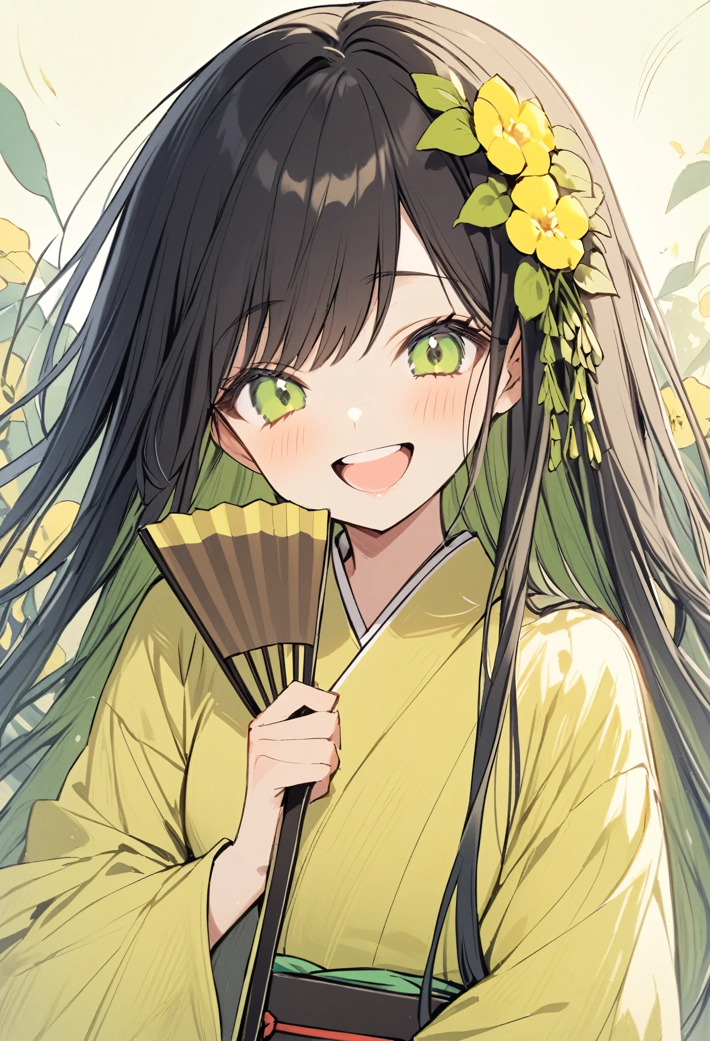 A girl wearing a yellow-green kimono、Long black hair、Straight Hair、Yellow-green flower hair ornament、Laugh with your teeth showing、Holding a folding fan