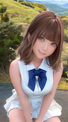 masterpiece, One girl per photo, Shot to the knee, Looking up at the subject, Front view, Young and cute girl in Japan, Mountains in the countryside of Japan々Standing alone on a hill surrounded by, Big smile, Attractive appearance, Wearing a shiny, sleeveless, collared white satin blouse, Wearing a short light brown culottes skirt, (protruding papillae,),Behind her fireworks exploding into the night sky at the fireworks festival, Super cute face, Glossy lips, Double eyelids on both eyes, Natural Makeup, Shiny and smooth light brown long bob hair, Asymmetrical bangs, Sunburned skin, Center image, 8K resolution, High detail, Detailed hairstyle, Detailed face, Cinema Lighting, Octane Rendering, Ultra-realistic, Perfect limbs, Perfect Anatomy,White panties,