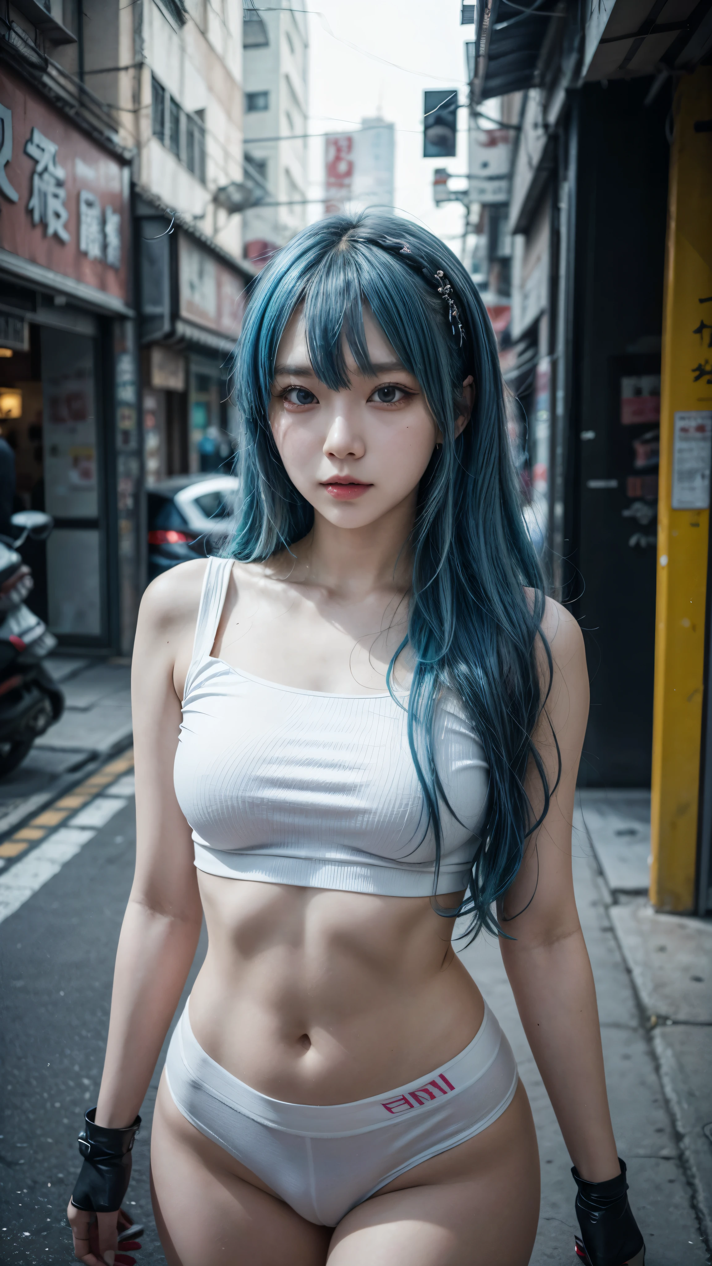 there is a woman with a blue hair and a white top, anime girl cosplay, inspired by Leng Mei, photo of slim girl model, anime girl in real life, seductive anime girl, cyberpunk 2 0 y. o model girl, chinese girl, female cyberpunk anime girl, photo of slim girl, beautiful cyberpunk woman model, anime cosplay, cosplay photo, cosplay
