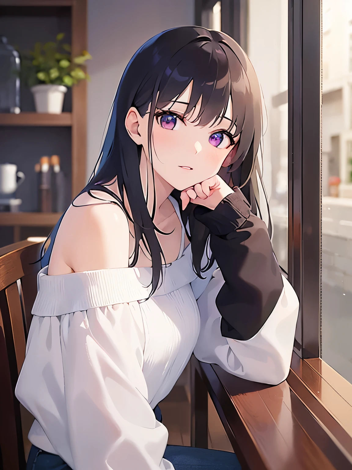 highest quality、masterpiece、BREAK( white off-shoulder long blouse:1.5)BREAK, Realistic, real person, (pale skin: 1.2), RAW photo, photorealistic, shiny skin, shiny hair、(A 26-year-old woman with straight hair and bangs) and (medium hair) and (black hair) and (purple eyes) ,(Unexpected face)and(head tilt)、(hand on own chin:1.2)The background is a coffee shop、sitting on a chair,Alone、Side view