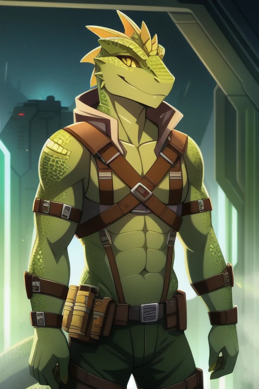 solo, male, lizard, green colored scales, lean body, anthropomorphic lizard, bounty hunter straps with ammo, yellow lizard eyes, sci-fi