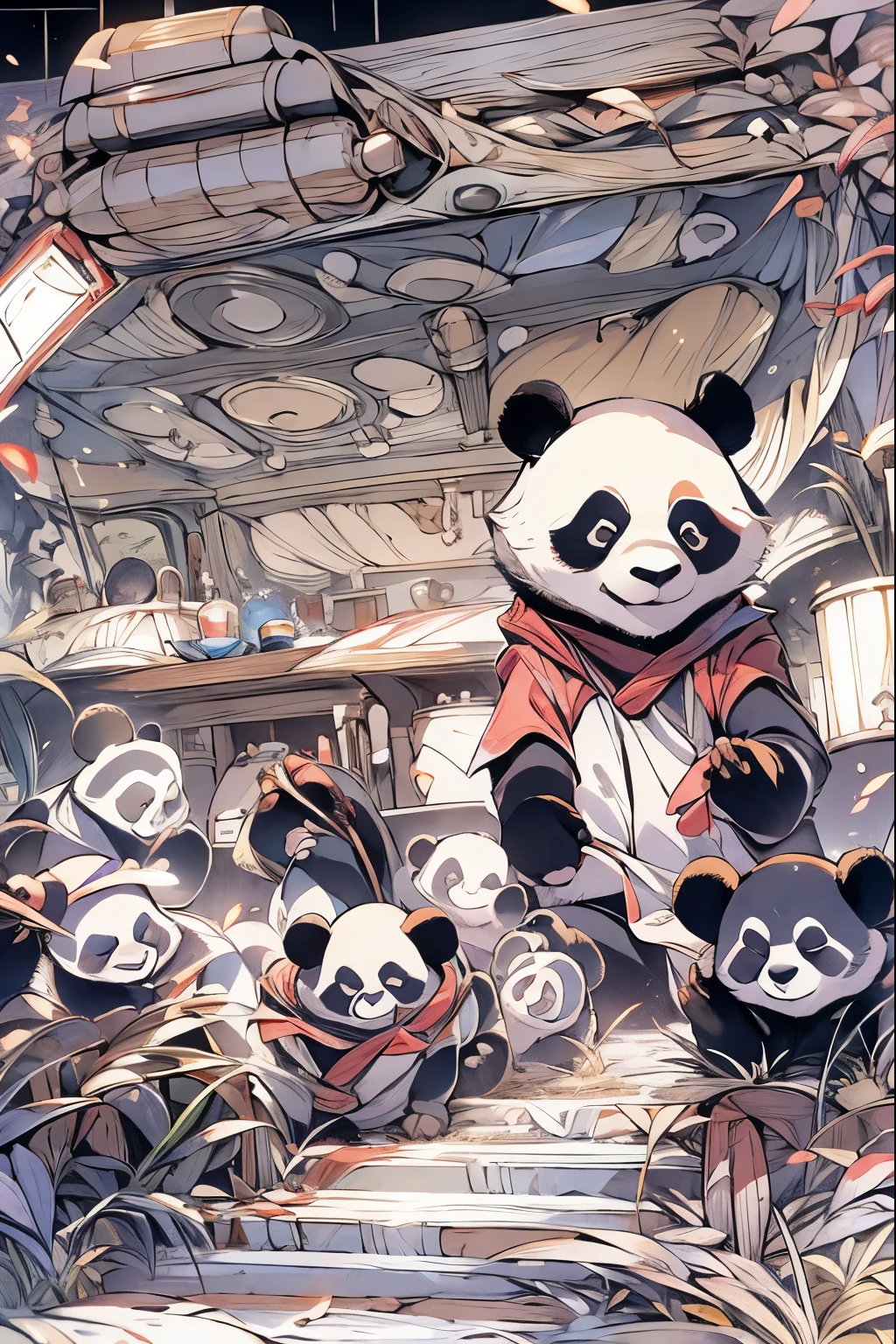 Panda family sightseeing inside USS ENTERPRISE, dune, star wars, masterpiece, coloring-book,