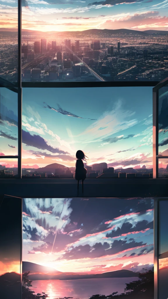 anime,silhouette,1girl, cloud, outdoors, skyscraper, city lights, blue sky, skyline,morning,waking,In nature,Mountain,Couple