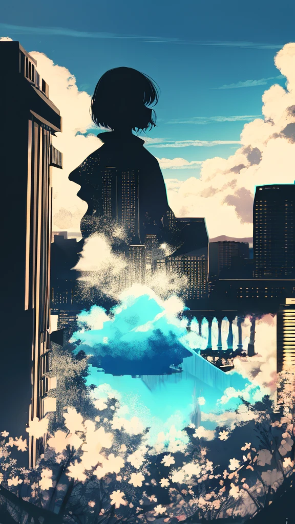anime,silhouette,1girl, cloud, outdoors, skyscraper, city lights, blue sky, skyline,morning,waking,In nature,Mountain,Couple