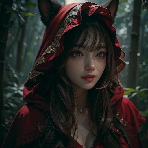 Standing in the forest、Hair flow、 ((highest quality、masterpiece、8k、Best image quality、Ultra-high resolution、Award-winning works)、(Accurate anatomy:1.1)、(Look at me and smile:1.1)、Shining fair skin with Ultra-high resolution、The most detailed face、Ultra-high resolution detailed face、Ultra-high resolutionの髪の毛、(Ultra-high resolution eye:1.1)、Beautiful face drawn in every detail、little red riding hood　Costumes , Chest to chest,  Strange atmosphere, A real werewolf stares at her., Dark Light, in the forest , Heavy makeup 