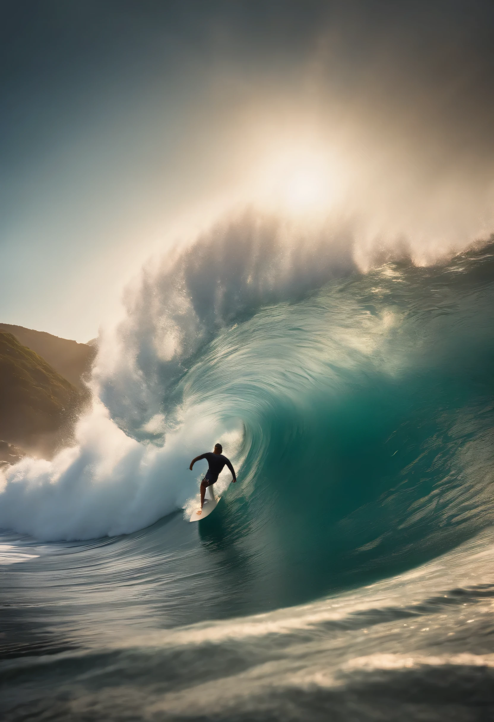 melhor qualidade, masseter part, Super high resolution, (Fotorrealista:1.4), Foto CRU, Professional Lighting, top-notch image quality, alto detalhe, obra-prima、Surfista、ondas grandes、claro、Dia ensolarado