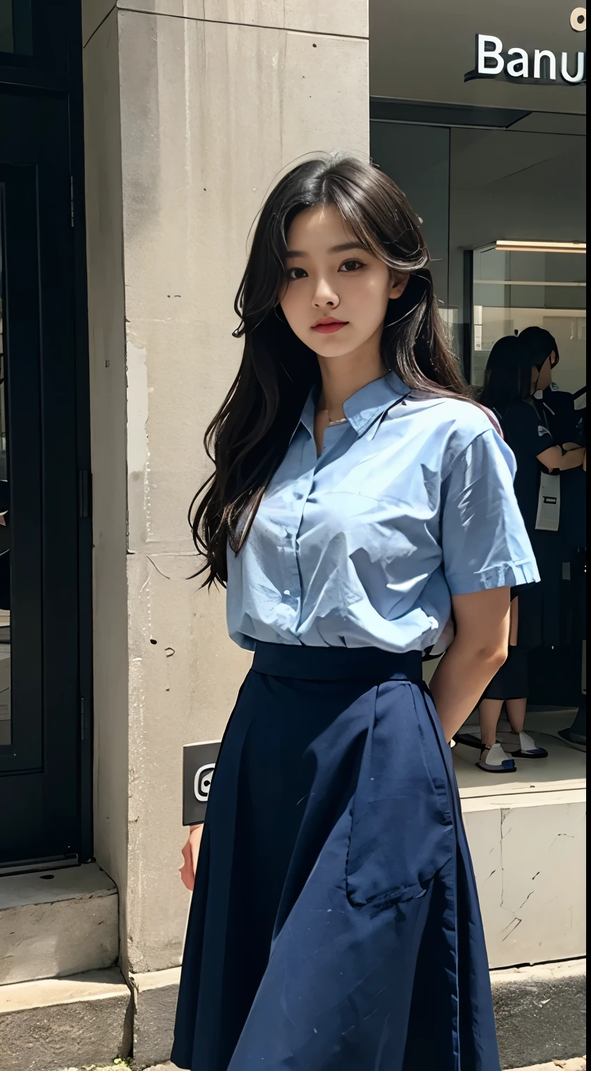 A female bank employee is held hostage by a robber and has her hands and feet tied、Hands tied with rope、Standing in a bank、Facing forward、21talent、Beauty、Well-formed face、Make your eyes even、Beautiful black hair、Has bangedium build、Well-balanced proportions、Beautiful legs、Bank clerk uniform、Blue short-sleeved shirt、Light blue long skirt、Like real life、highest quality