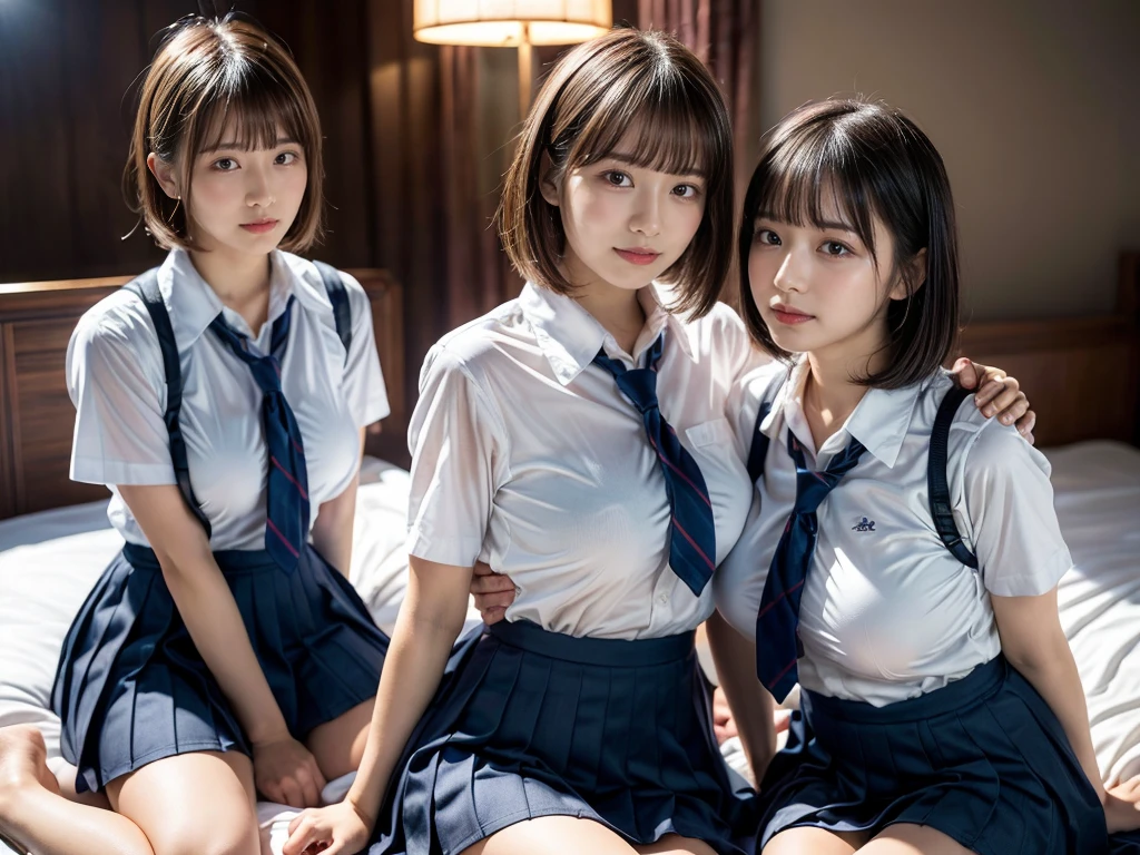 (RAW photo, 4k, masterpiece, high resolution, extremely complex) (realistic: 1.4), cinematic lighting
((2 girls, 2 schoolgirls)),Slam Dunk's,blushing,((innocent)),(Dark makeup),bright eyes,round eyes,blunt bangs,(short bob hair:1.3),black hair,large ,wide hips,Summer Noon, ,Hot, (Best Quality), (Highres), (an Extremely Delicate and Beautiful),(Beautiful 8k face),(Brown eyes),short bob hair,( spectators),(gigantic breasts with each other,Touching each other's bodies,Touching the body),(Japanese high school uniform:1.3),blue skirt,(reality),bright lighting,(The background is a luxury hotel room)