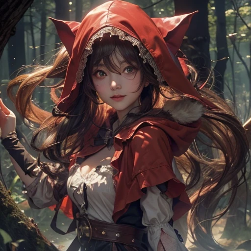 Standing in the forest、Hair flow、 ((highest quality、masterpiece、8k、Best image quality、Ultra-high resolution、Award-winning works)、(Accurate anatomy:1.1)、(Look at me and smile:1.1)、Shining fair skin with Ultra-high resolution、The most detailed face、Ultra-high resolution detailed face、Ultra-high resolutionの髪の毛、(Ultra-high resolution eye:1.1)、Beautiful face drawn in every detail、little red riding hood Costume , Chest to chest, Strange atmosphere, A real werewolf stares at her.., Dark Light, in the forest , Overall composition using a wide-angle lenovie-like scene