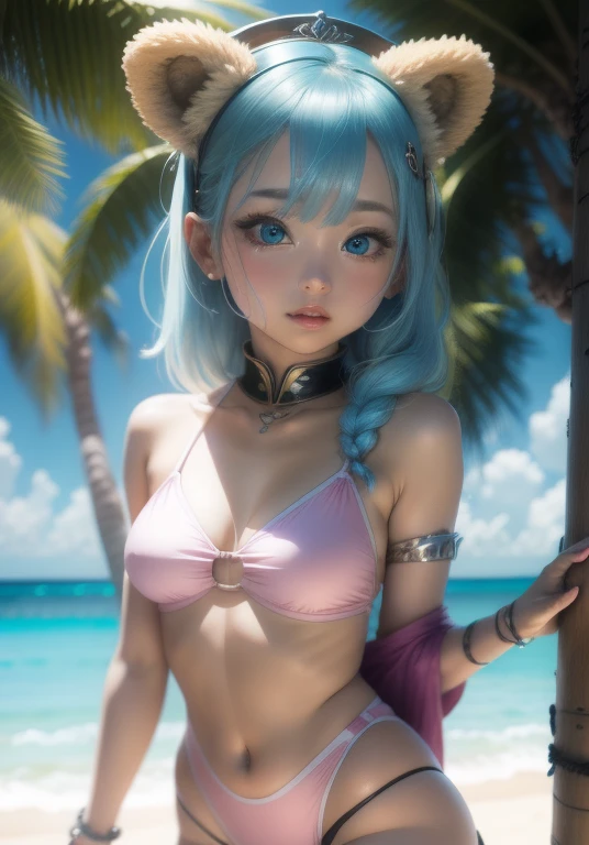 girl、Pink high leg swimsuit、whole body。blue eyes、White Hair、、Seductive pose、front、noon、Outdoor、、Beach、Bear Ears