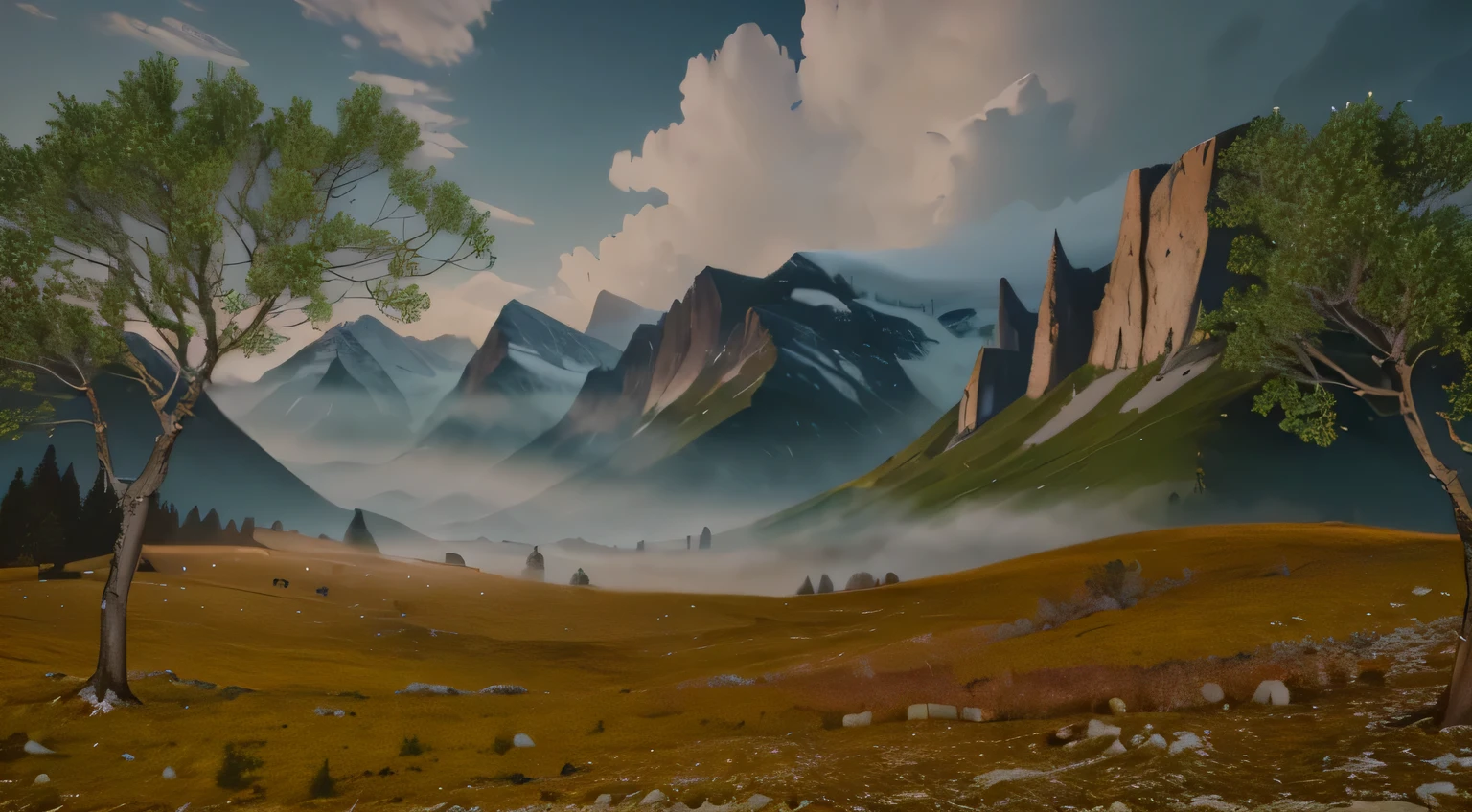 there is a picture of a mountain scene with a few apple trees, beautiful render of a landscape, 8 k landscape render, background environment. 8 k, matte background. unreal engine, an epic landscape, cinematic smooth unreal engine, unreal engine 4k wallpaper, fantasy style 8 k octane render, photorealistic landscape, most epic landscape, matte painting unreal engine