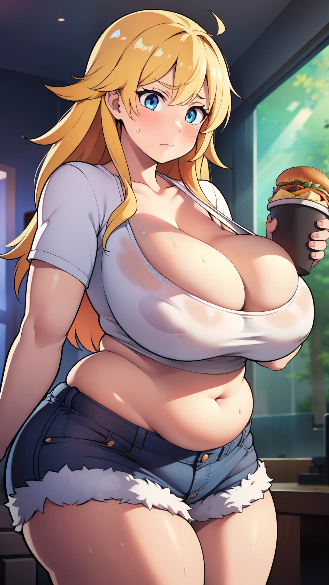 ((highres)), Masterpiece, high quality, best quality, beautiful, perfect lighting, detailed face, ultra cute face, ((1girl)), ((solo)), ((blush)), embarrassed, long fluffy blonde hair, blue eyes, sweat, heavy breathing, crop top and shorts, fast food restaurant, cleavage, large breasts, ((wide hips)), (thick thighs), ((plump)), chubby belly, ((belly grab)), fat folds, 