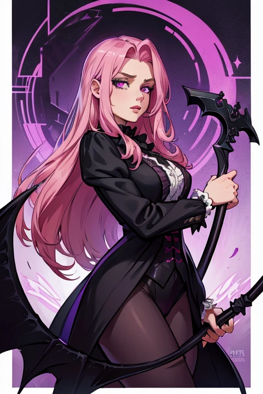 A  handsome pink haired man with violet eyes with long hair in a black Gothic Victorian suit is spinning a scythe in the underworld