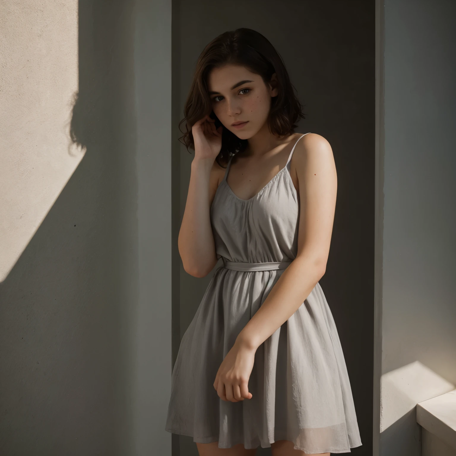 Brunette teen, thick body, short wavy hair, extra pale skin, freckles, dramatic lighting with shadows, loose grey dress