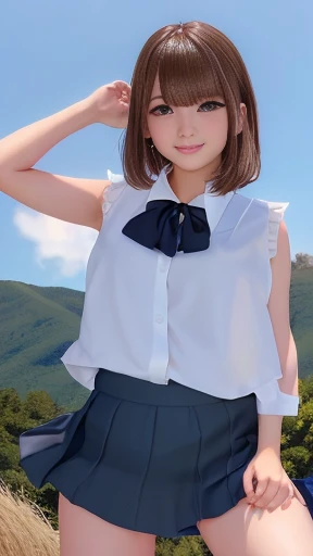 masterpiece, One girl per photo, Shot to the knee, Looking up at the subject, Front view, Young and cute girl in Japan, Mountains in the countryside of Japan々Standing alone on a hill surrounded by, Big smile, Attractive appearance, Wearing a shiny, sleeveless, collared white satin blouse, Wearing a short light brown culottes skirt, (protruding papillae,),Behind her fireworks exploding into the night sky at the fireworks festival, Super cute face, Glossy lips, Double eyelids on both eyes, Natural Makeup, Shiny and smooth light brown long bob hair, Asymmetrical bangs, Sunburned skin, Center image, 8K resolution, High detail, Detailed hairstyle, Detailed face, Cinema Lighting, Octane Rendering, Ultra-realistic, Perfect limbs, Perfect Anatomy,White panties,the wind is strong,