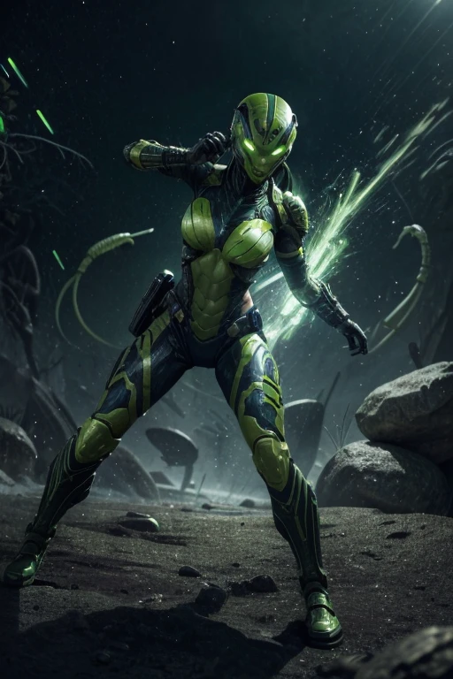 An alien warrior being is fighting in the
battlefield ,armed and dangerous, anaconda skin, command with power, violent frame, green yellowish, yellow greenish and dark blue ,female, sweet, three quarter wiew, digital art