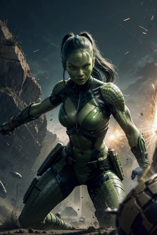 An alien warrior being is fighting in the 
battlefield ,armed and dangerous, anaconda skin, command with power, violent frame, green yellowish, yellow greenish and dark blue ,female, sweet, three quarter wiew, digital art



