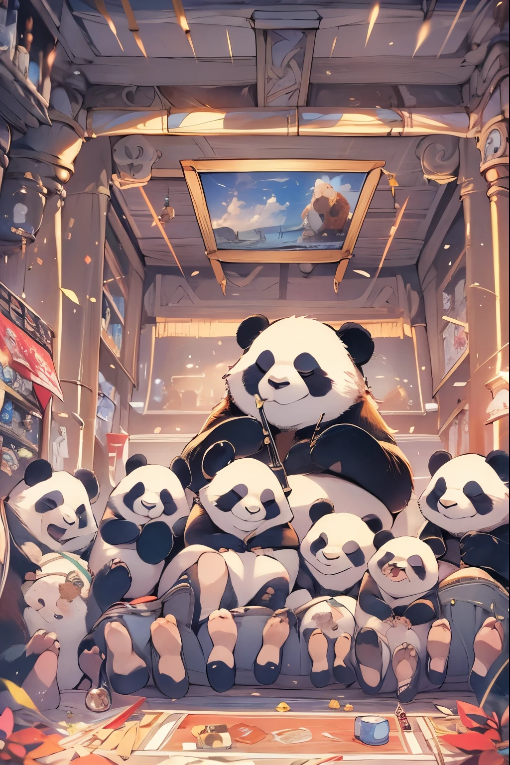 Panda family sightseeing inside USS ENTERPRISE, dune, star wars, masterpiece, coloring-book,