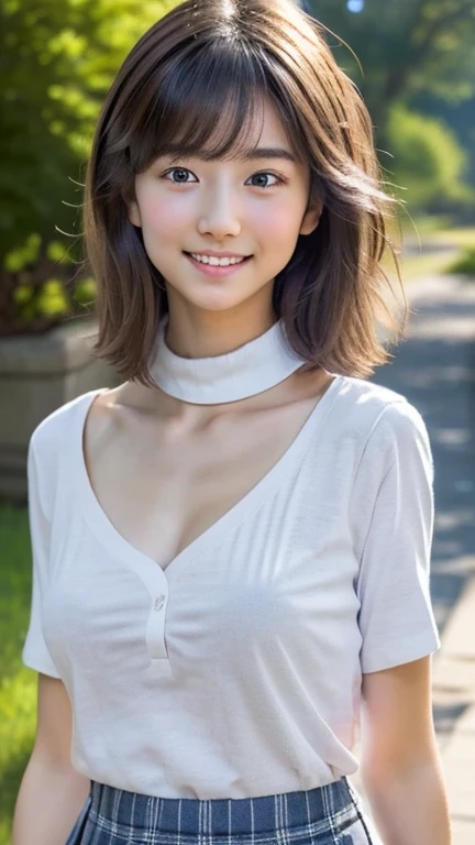 (masterpiece:1.3, highest quality, Ultra-high resolution, Very detailed), (Realistic:1.1, photoRealistic:1.4), Photo from below、Model Body Type、Beautiful illustrations, Perfect lighting, colorful, Written boundary depth,
Beautiful detailsまでこだわった髪, Beautifully detailed face, Beautiful details, Beautiful clavicle, Beautiful body, Beautiful breasts, Beautiful thighs, Beautiful legs, Beautiful fingers,
View your audience, 1 girl, Japanese, high school girl, Perfect Face, (Perfect Anatomy, Anatomically correct), Cute and symmetrical face, , Sunburn, Shiny skin,
(Mid-length hair:1.5, blonde), Asymmetrical bangs, blue eyes, Long eyelashes, (Mid-chest), thin,
((Short-sleeved open-collar shirt, Light blue shirt, , Grey plaid pleated skirt, To the Navy)), No pants,
(Beautiful views), evening, (Outdoor, distant cityscape), Are standing, (peace sign), (A happy smile, Blushing、Upward glance, Open your mouth), The wind has blown her skirt up, exposing her private parts