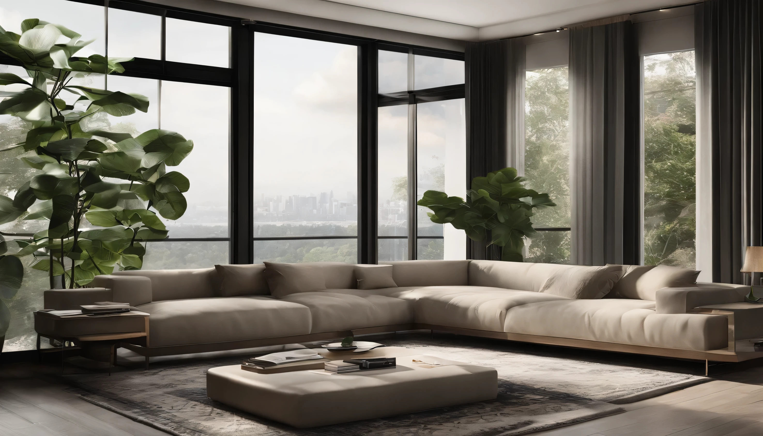 "Describe a luxurious and modern living room with the following features: * A predominantly black color scheme, with black wallpaper and black curtains * A single elegant potted plant placed prominently in the room * A simple and elegant stand lamp that provides soft lighting * A sleek and minimalist sofa in a neutral color that allows the eye to focus on the other design elements * A beautiful piece of art on the wall that adds a touch of elegance * Natural and understated accents throughout the room to create a sense of warmth and coziness * The room receives ample natural light during the day as sunlight enters through the large windows * Overall, the design should evoke a sense of sophistication and modernity, reminiscent of a high-end city apartment in a towering skyscraper."