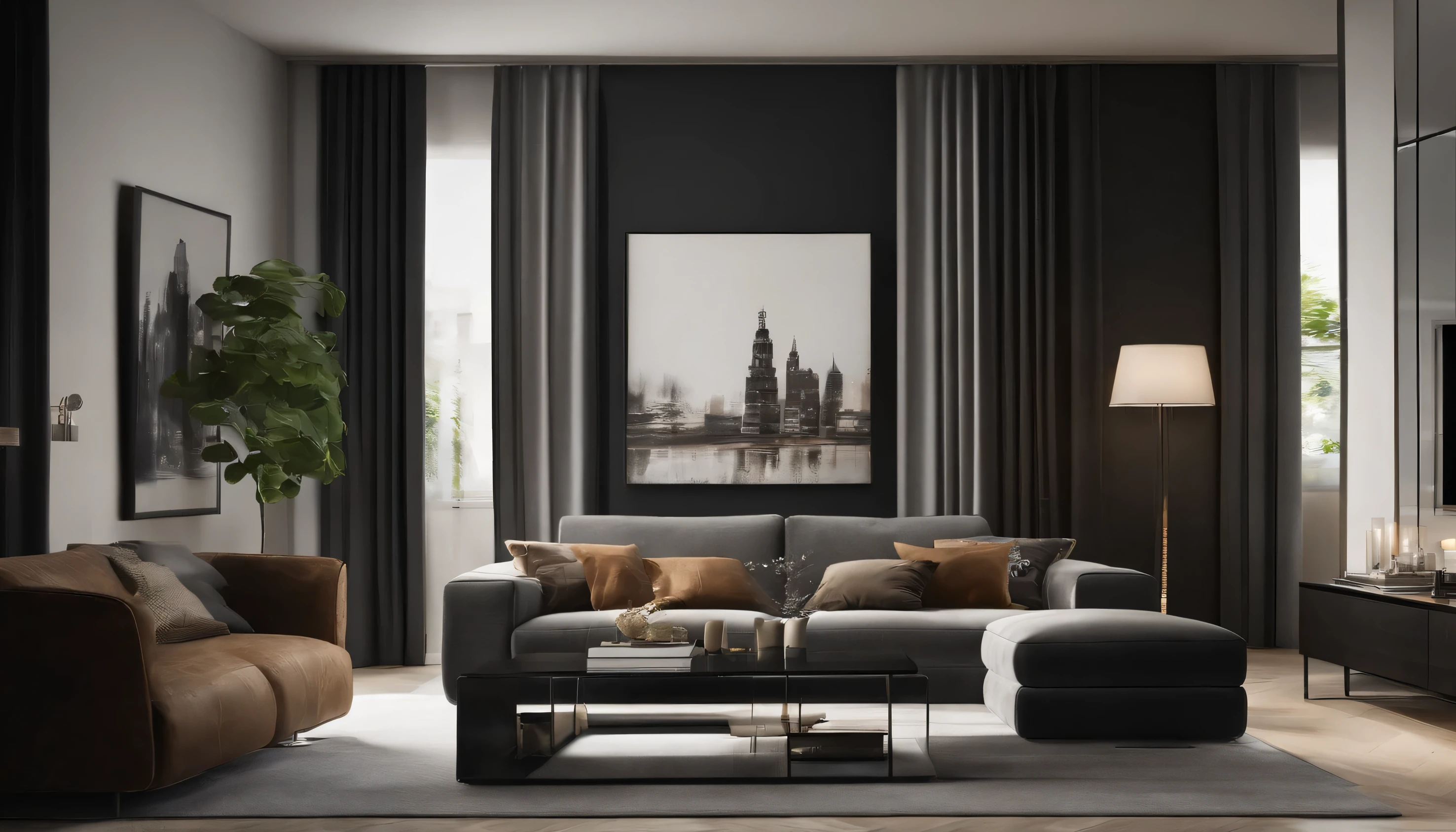 "Describe a luxurious and modern living room with the following features: * A predominantly black color scheme, with black wallpaper and black curtains * A single elegant potted plant placed prominently in the room * A simple and elegant stand lamp that provides soft lighting * A sleek and minimalist sofa in a neutral color that allows the eye to focus on the other design elements * A beautiful piece of art on the wall that adds a touch of elegance * Natural and understated accents throughout the room to create a sense of warmth and coziness * The room receives ample natural light during the day as sunlight enters through the large windows * Overall, the design should evoke a sense of sophistication and modernity, reminiscent of a high-end city apartment in a towering skyscraper."