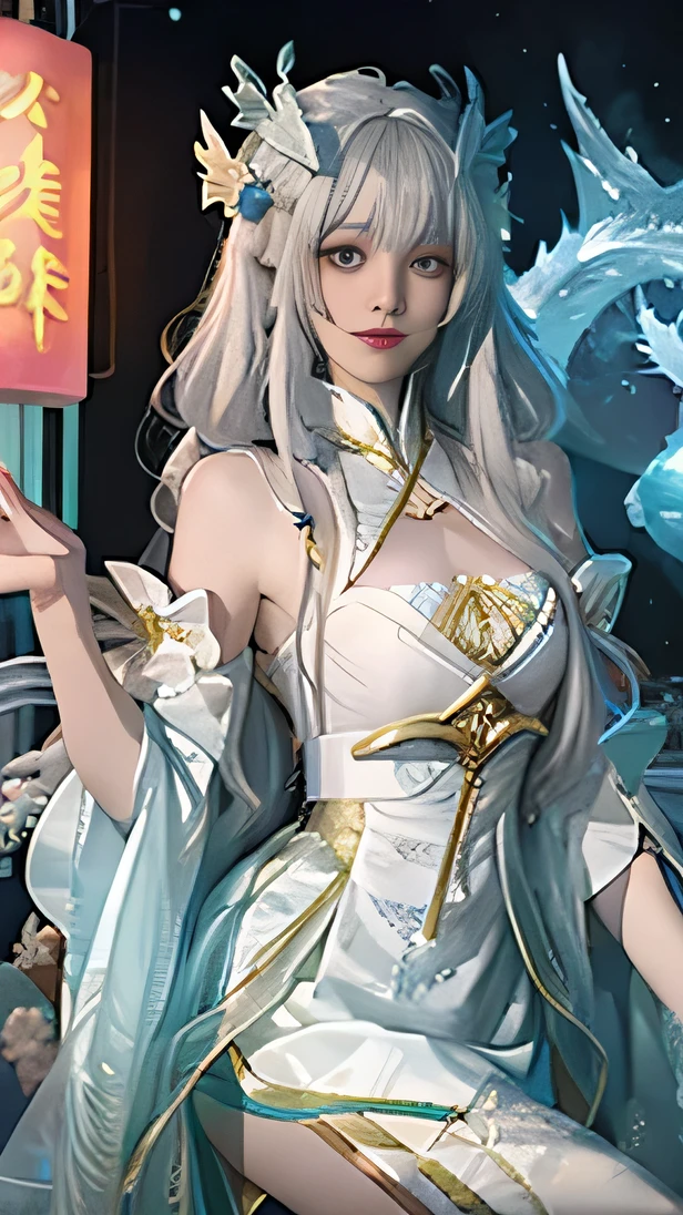 Magnificent celestial mage, with incroyables jeunes personnages éthérés surrounding, clad in Shaxi attire. A robe magique fluide, shimmering with iridescence, flows gracefully, contrasting with the Hanfu blanc, a symbol of fantasy xianxia. The ethereal Delfaisie beauty, dressed in an elegant and charming cosplay, reclines flat on the sol, her body elongated in a descendant view. The scene is set amidst a tumultuous night, filled with neon lights that illuminate the feminine and colorful atmosphere. The mage's hands extend naturally, as if in control

