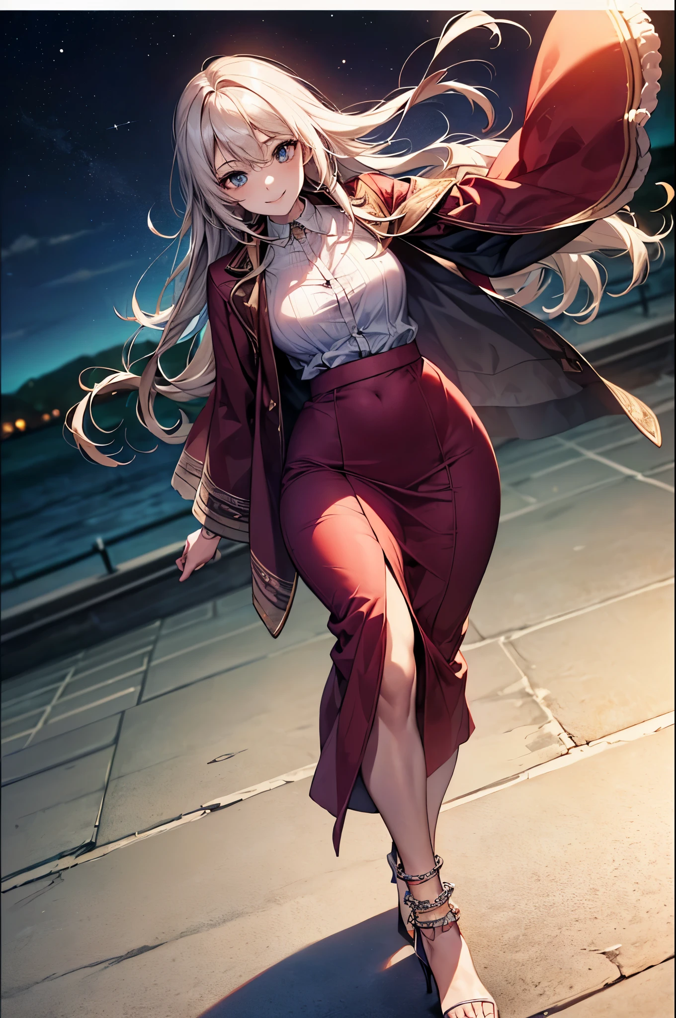 ((Biologically correct limb count))、(( whole body including face))、4K、Masterpiece、((Focus on the face))、((Symmetrical, well-proportioned facial features))、Eyes with delicate depictions、(((1 person)))、Beautiful woman、Outstanding style、Slender Body、、((Red Army Uniform、shirt、Checked Skirt,(High heels with anklets)))、(((coastal)))、(Smiling and smiling)、(A close-up photo of the upper body from behind)、High angle、Photos with a white border around them、night、Walking posture、