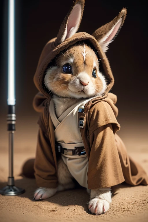 (best quality,ultra-detailed,realistic,photorealistic:1.37),furry rabbit wearing a Star Wars Jedi uniform,adorable,soft,fuzzy,playful,expressive brown eyes,small and rounded body,tiny paws,detailed Jedi robe with brown fabric and hood,lightsaber,light side of the Force,galactic background,vivid colors,warm lighting,