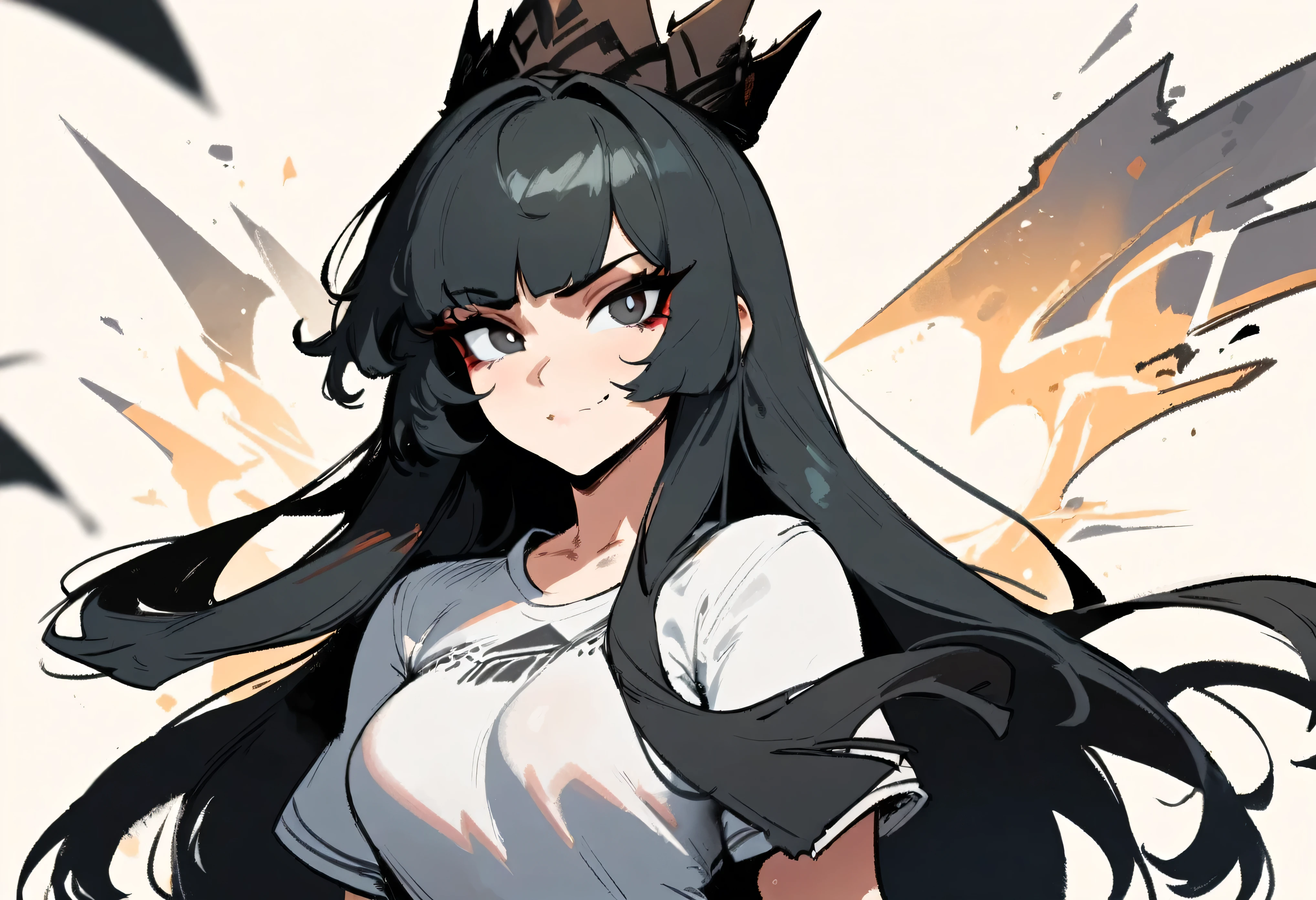 1girl,virtuosa \(arknights\) \\\\\ masterpiece, best quality, newest, , ///// by nyantcha, cutesexyrobutts, by khyle \\\\\ ,,,,,,light smile,,solo,, , , ,, looking at viewer, ,,in the centre of shot, black hair, black eyes, bad girl, sadistic, arrogant, 18 years old girl,flying crown, original outfit, skirt, white t-shirt, portrait,splash art