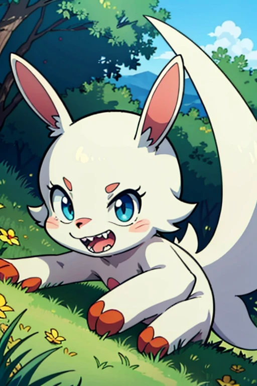 masterpiece, best quality, SFW, (safe for work),Digimon, solo, sharp teeth, long bunny ears, big mouth, no body, pink round creature, solo,digimon style,digimon \(creature\), on the grass, digital forest background