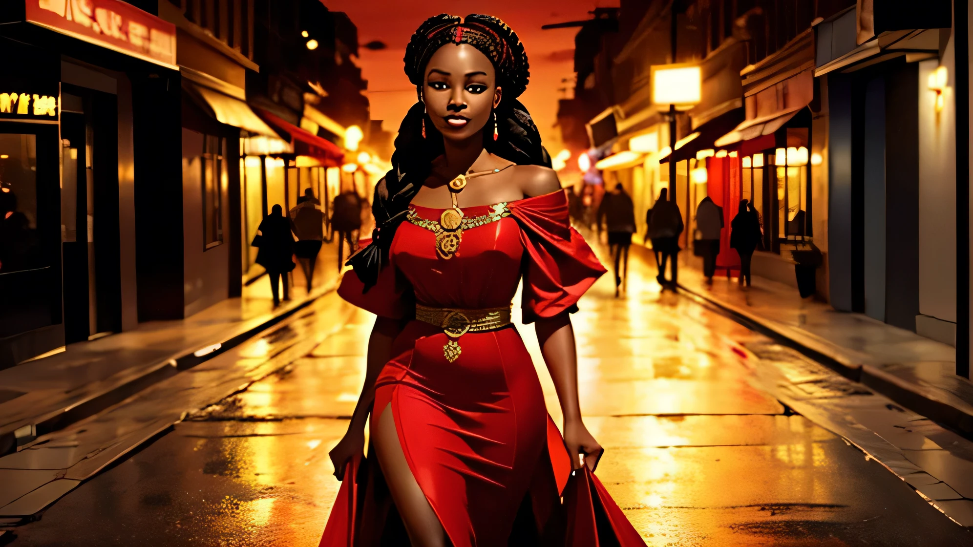an African girl. age 26 years. beautiful round face, long black braids that touch the shoulders . , big ,  dressed in a red evening gown, walking down a busy street smiling