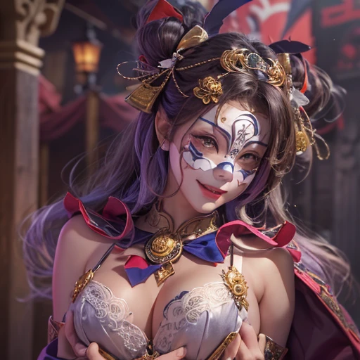 Hiding in the castle、Hair flow、 ((highest quality、masterpiece、8k、Best image quality、Ultra-high resolution、Award-winning works)、(Accurate anatomy:1.1)、(Look at me and smile:1.1)、Shining fair skin with Ultra-high resolution、The most detailed face、Ultra-high resolution detailed face、Ultra-high resolutionの髪の毛、(Ultra-high resolutionの煌めく瞳:1.1)、Beautiful face drawn in every detail、(Blurred Background:1.1)、Cheerful clown costume, Chest to chest, tattoo,、Wear a Venetian mask、Holding a masquerade mask
