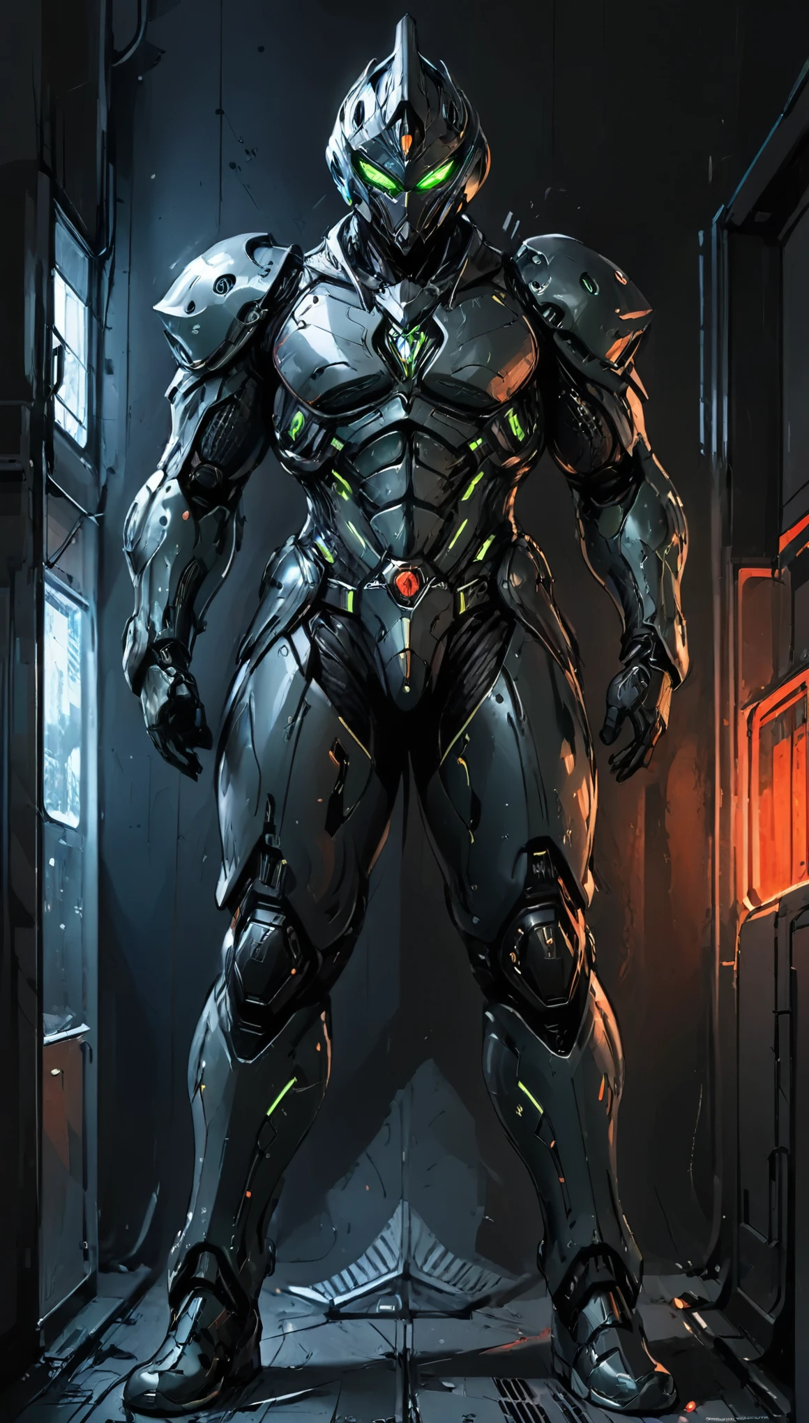 A man wearing a full-face helmet, a fantasy-style biotech armored combat suit, green eyes, (a composite layered chest armor), fully enclosed shoulder guards, matching arm and leg guards, the belt is adorned with exhaust pipes, (the color scheme is primarily black glow with green and red accents), the design balances heavy with agility, a high-tech bio-mecha armor, (Armor Concept Inspired by Cyberpunk motorcycle, stand on the top of a skyscraper in a futuristic sci-fi city), this character embodies a finely crafted fantasy-surreal style armored hero in anime style, exquisite and mature manga art style, (battle damage, element, plasma, energy, the armor glows), ((male:1.5)), metallic, real texture material, dramatic, high definition, best quality, highres, ultra-detailed, ultra-fine painting, extremely delicate, professional, perfect body proportions, golden ratio, anatomically correct, symmetrical face, extremely detailed eyes and face, high quality eyes, creativity, RAW photo, UHD, 32k, Natural light, cinematic lighting, masterpiece-anatomy-perfect, masterpiece:1.5