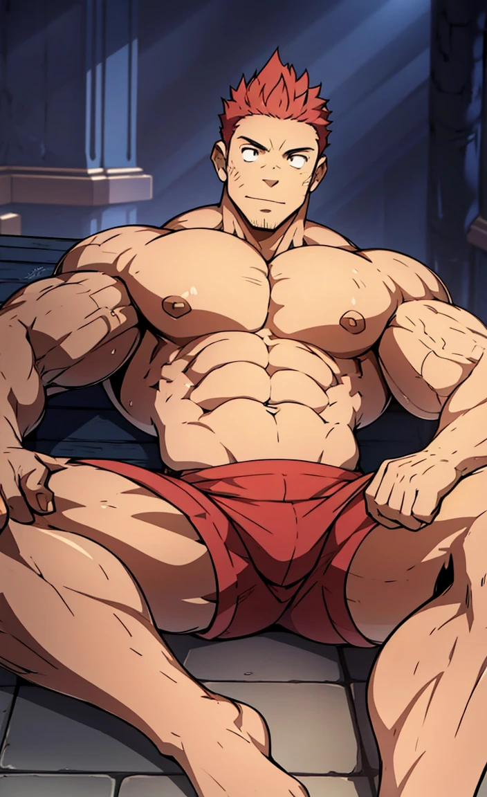 (A corner of the photo from bottom to top) (Highest quality images) Lion Man ,real, young, , Wearing shorts, Crotch protrusion, Anime Character, sit on the floor, Legs open, male face, bonito rosto young, Undercut Hair, Huge chest muscles, 大腿muscular, Biceps tendon, Huge body, Toned body due to intense training, muscular, 8-pack clear ABS, 3 meters high, Topless, , Glowing skin, Dihan.com, Hands on thighs, barefoot, No beard
