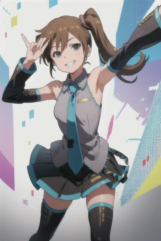 (((pixel-perfect, detail-perfect))), solo, 1girl, mami futami, miku outfit, sleeveless shirt, grey shirt, detached sleeves, necktie, arm tattoo, skirt, thighhighs, thigh boots, looking at viewer, smile, grin