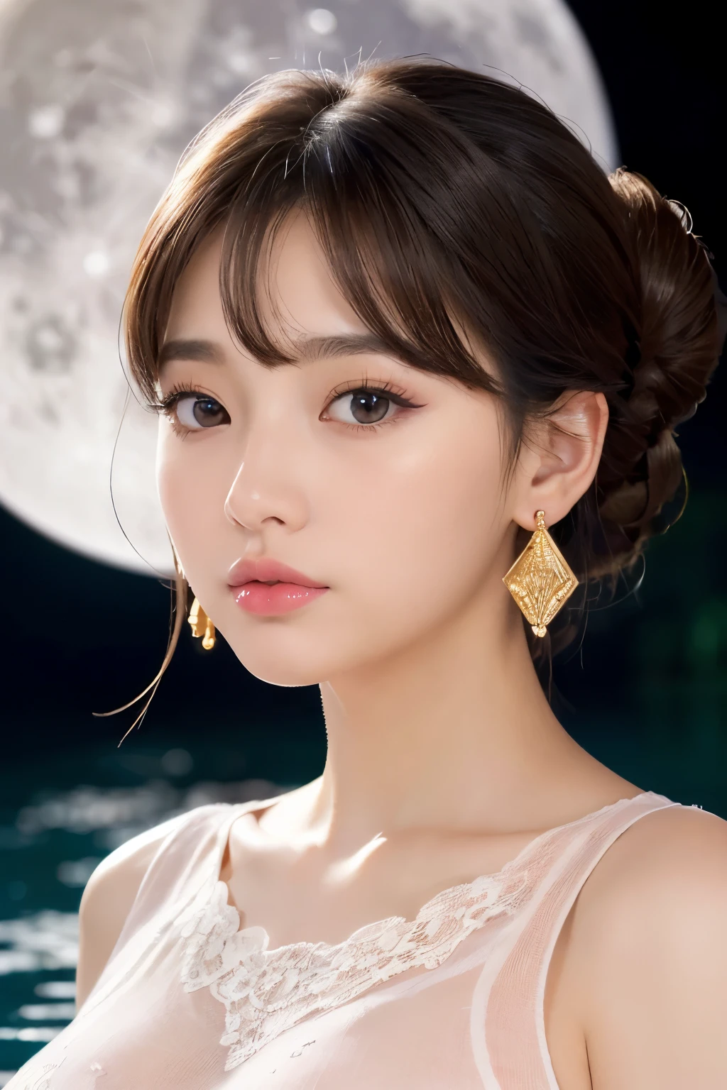 masterpiece, (photoGenuineistic: 1.4), highest quality, Beautiful lighting, Japanese , alone, jewelry, Earrings, (black eye、Big eyes、Baby Face:1.2), Outdoor, Scapula, Glowing Lips,Genuine, bangs, (Golden ratio face、plump lower lip、Pink Lips、Korean Makeup:1.4)、fine grain、Detailed nose、Fine ears、Glossy lip detail、Colored Stone Necklace, (Big Breasts:1.8),(Sleeveless white lace shirt:1.6)、(CG Unity 8k high resolution wallpaper), Complex, Attention to detail, Sharp focus, dramatic, beautiful girl,(The water surface is reflected、Blurred Background、The entire background is a full moon、Big full moon、Night view:1.6)、(Smile、Brown Hair、short hair、Hair Bun、bangsが揃っている:1.2)、BREAK (from the front:1.6)