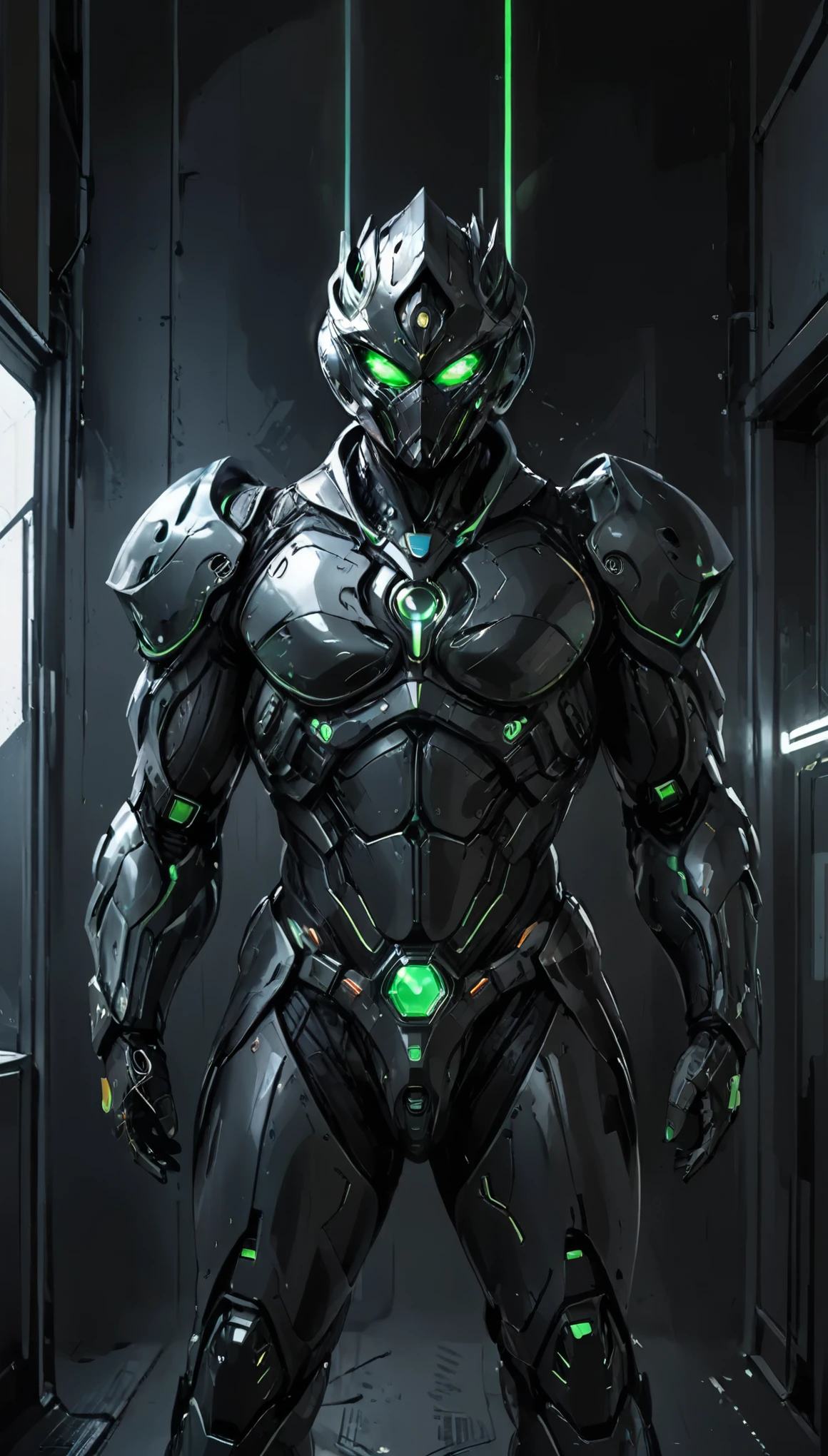 A man wearing a full-face helmet, a fantasy-style biotech armored combat suit, green eyes, (a composite layered chest armor), fully enclosed shoulder guards, matching arm and leg guards, the belt is adorned with exhaust pipes, (the color scheme is primarily black glow with green and red accents), the design balances heavy with agility, a high-tech bio-mecha armor, (Armor Concept Inspired by Cyberpunk motorcycle, stand on the top of a skyscraper in a futuristic sci-fi city), this character embodies a finely crafted fantasy-surreal style armored hero in anime style, exquisite and mature manga art style, (battle damage, element, plasma, energy, the armor glows), ((male:1.5)), metallic, real texture material, dramatic, high definition, best quality, highres, ultra-detailed, ultra-fine painting, extremely delicate, professional, perfect body proportions, golden ratio, anatomically correct, symmetrical face, extremely detailed eyes and face, high quality eyes, creativity, RAW photo, UHD, 32k, Natural light, cinematic lighting, masterpiece-anatomy-perfect, masterpiece:1.5