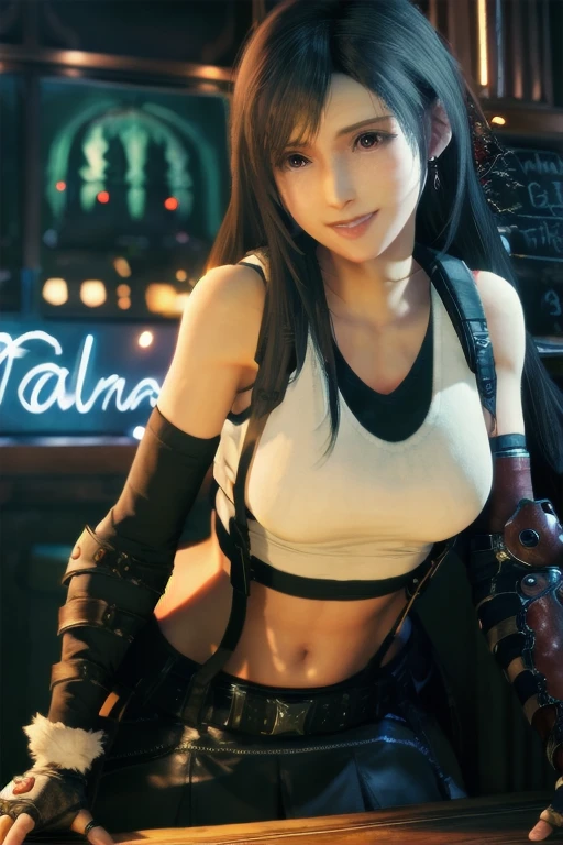 Tifa Lockhart, masutepiece, Best Quality, defTifa, White crop top, elbow pad, Fingerless gloves, suspenders, pencil skirts, Upper body, Looking at Viewer, Leaning forward, Smile, a bar counter, City at night