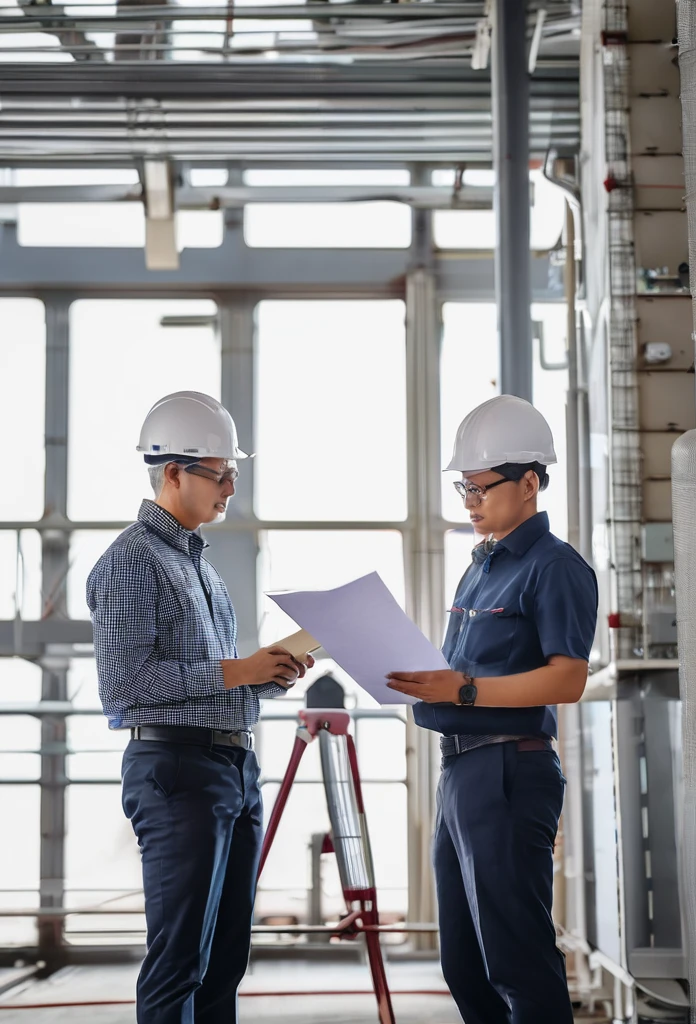 few matured engineers are checking the design drawing of electricity power generation plant