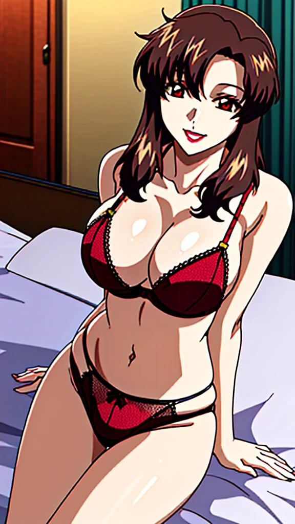 ((highest quality)), ((masterpiece)), (detailed),Perfect hands,Perfect Fingers,One girl,very cute,Light brown hair,Beautiful straight hair,Medium Long Hair,Big Breasts,An embarrassed look, Red Bra, String Panties,Bedroom at home,Removing the bra hook