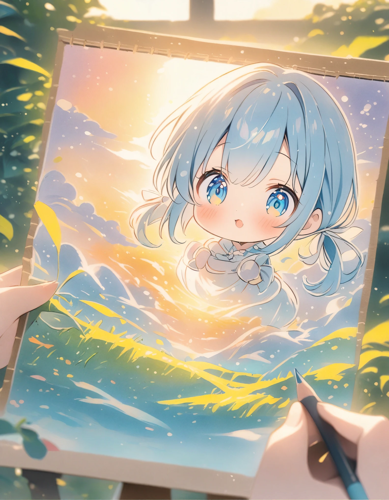 ((style:colored pencil,Pale colors)),(masterpiece:1.2),(anime),Fantasy、grasslandで佇む女の子、evening、Sunset、cute、grassland、((Draw it in the canvas))
