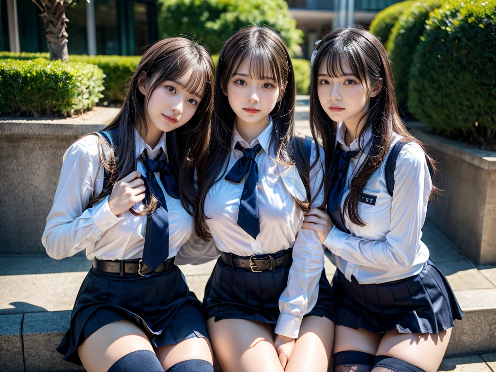(8K, Raw photography, top-quality, masterpiece:1.2), master piece, best quality, illustration, Super detailed, fine details, High resolution, 8K,wall paper, perfect dynamic composition,(Details High quality, realistic depiction of eyes:1.3), ((2 girls, 2 schoolgirls)), The background is a luxury hotel room、High school girl uniform、blazer 、Super Short Check Uniform Skirt、Navy blue high socks、garterbelts、Colossal tits、Disturbed uniform, Play with each other,Touching each other's bodies,Touching the body of the girl next door, short bob hair, black hair color, huge breasts, Big Natural Color Lip, bold sexy pose, (perfect body shape), crying a little、cold gaze, Beautiful makeup,glitter makeup,Cutest 18 years old, beautiful legs, hposing Gravure Idol, Voluptuous thighs