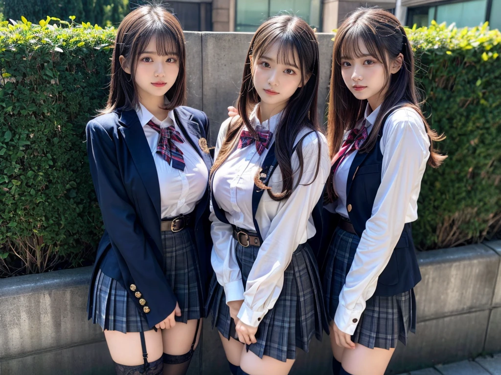 (8K, Raw photography, top-quality, ​masterpiece:1.2), master piece, best quality, illustration, Super detailed, fine details, High resolution, 8K,wall paper, perfect dynamic composition,(Details High quality, realistic depiction of eyes:1.3), ((2 girls, 2 girls)), The background is a luxury hotel room、High school girl uniform、blazer 、Super Short Check Uniform Skirt、Navy blue high socks、garterbelts、Colossal tits、Disturbed uniform, Play with each other,Touching each other's bodies,Touching the body of the girl next door, short bob hair, black hair color, huge breasts, Big Natural Color Lip, bold sexy pose, (perfect body shape), crying a little、cold gaze,  Beautiful makeup,glitter makeup,Cutest 18 years old, beautiful legs, hposing Gravure Idol, Voluptuous thighs